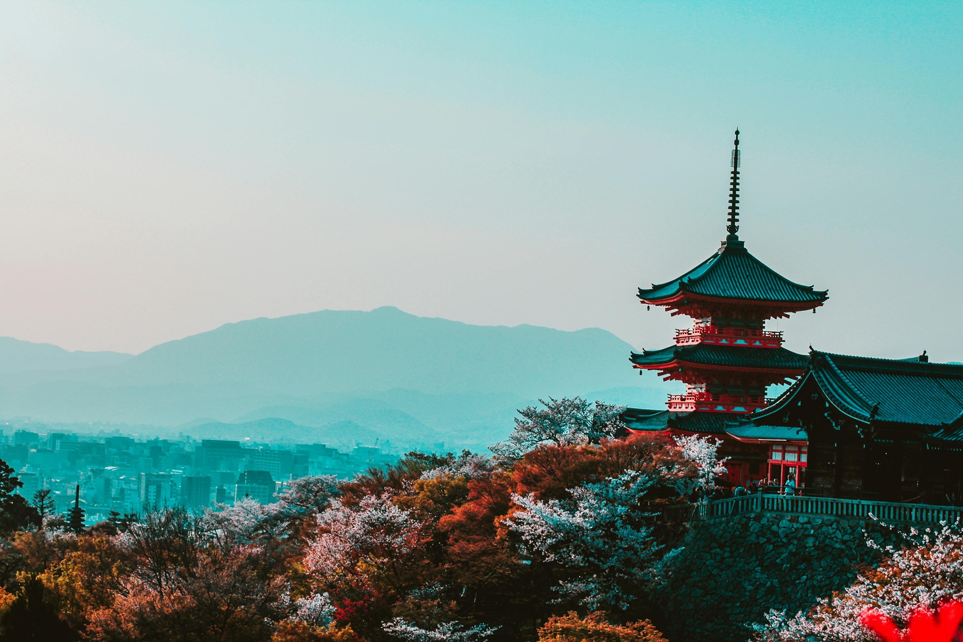 Adventures red and black temple surrounded by trees photo kyoto japan